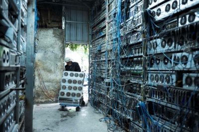 Solar-powered mining farm with miners working efficiently