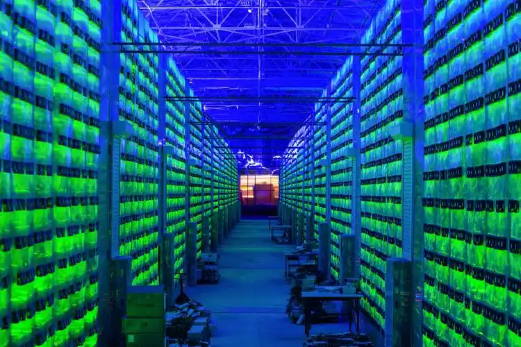 A brightly lit mining farm with rows of mining rigs operating efficiently